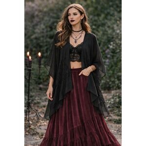 Time and Tru Black Embroidered Kimono Wrap Sheer Boho Cardigan S/M Free size